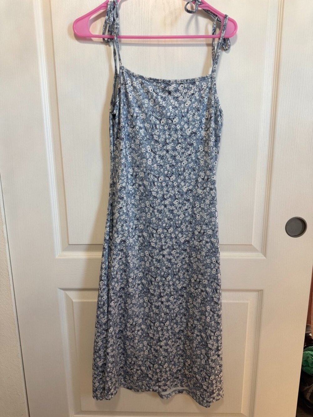 Blue Gray Floral Print Slip Midi Dress with Side Slit - Picture 4 of 5